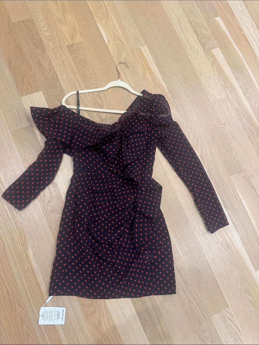Self-Portrait Black One-Shoulder Mini Dress with Red Polka Dot Print